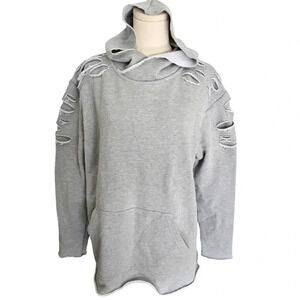Russell Park Hoodie Sweatshirt Distressed Gray Rolled Hem 100% Cotton Gray Med